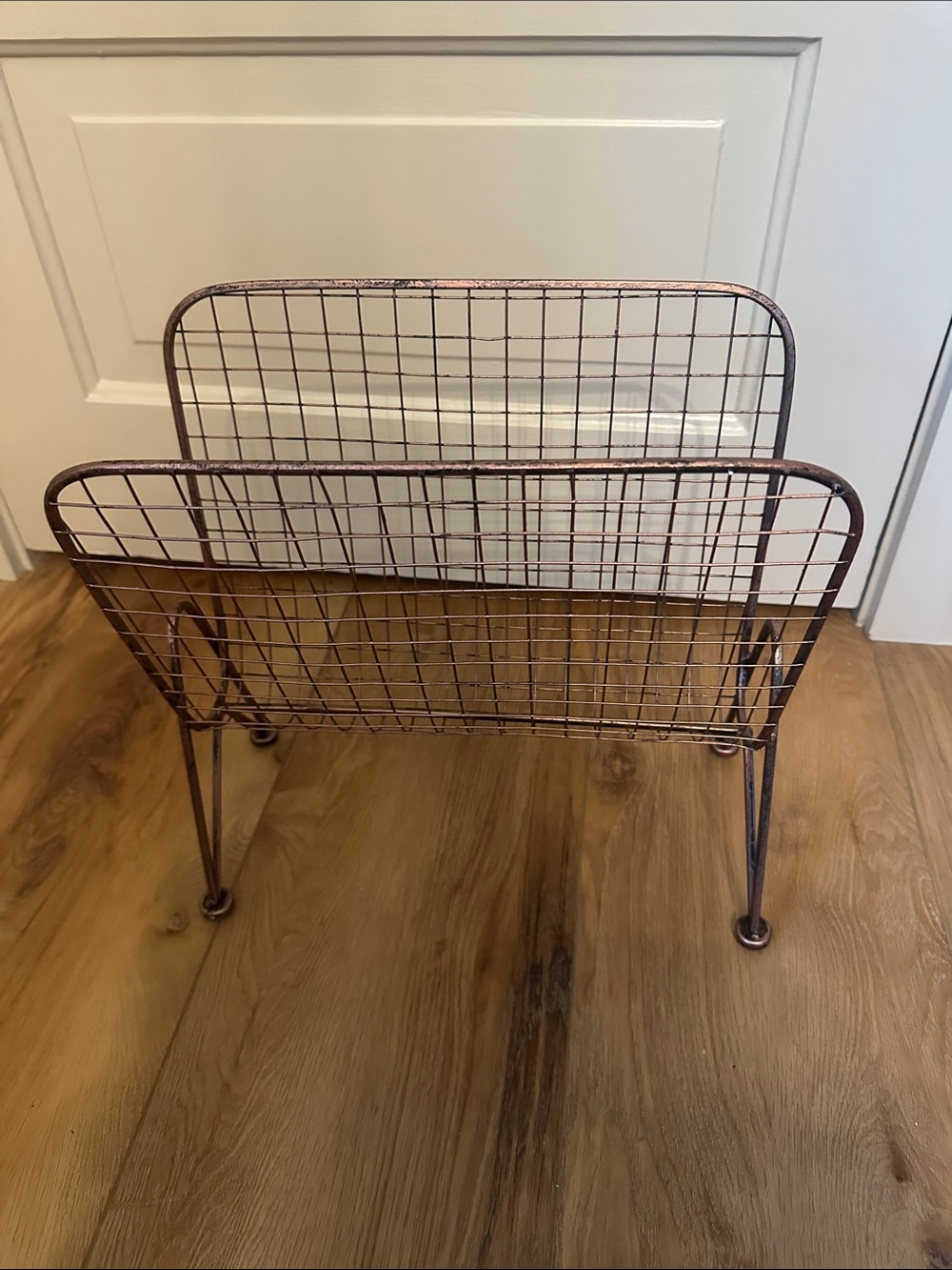 Vintage MCM Metal Wire Magazine Rack or Record Stand - Copper Patina